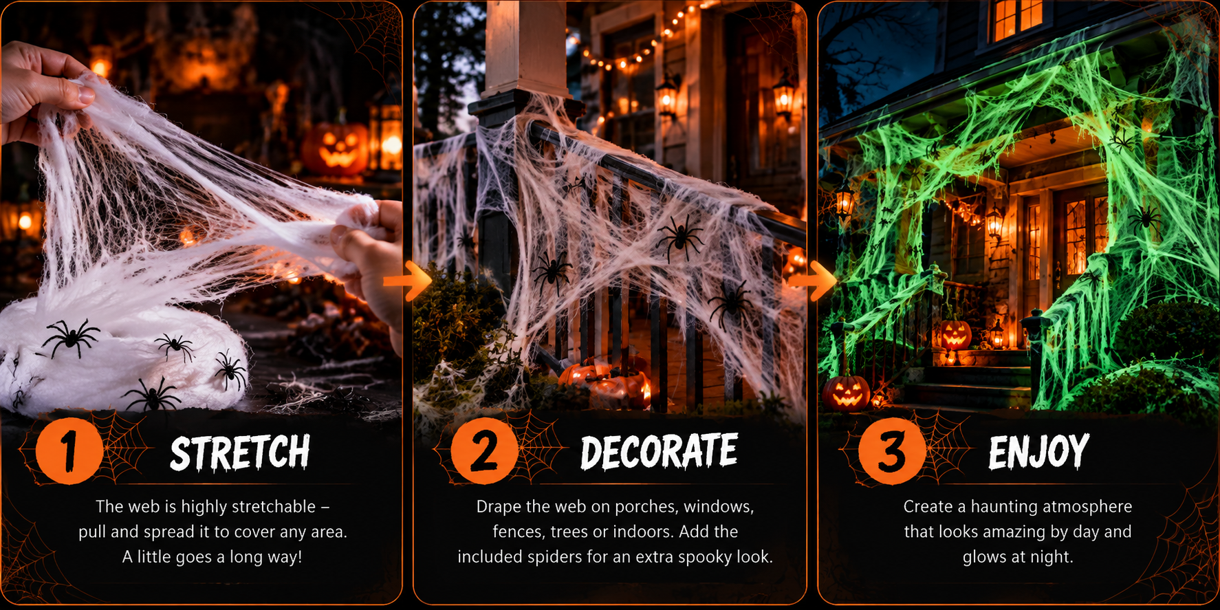 How to decorate with HallowNoir spider webs: stretch, decorate and enjoy