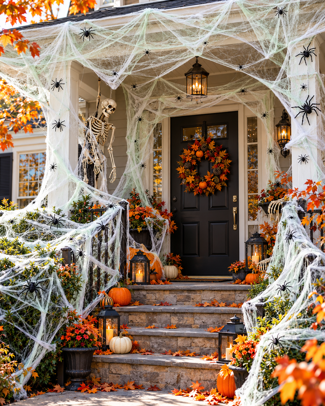 Halloween spider web decoration during the day