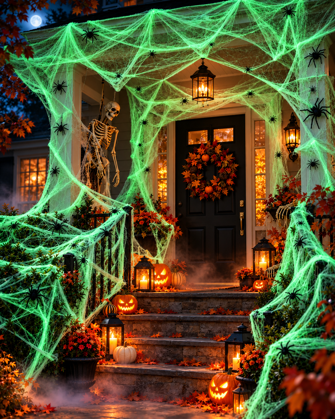 Halloween glowing spider web decoration at night